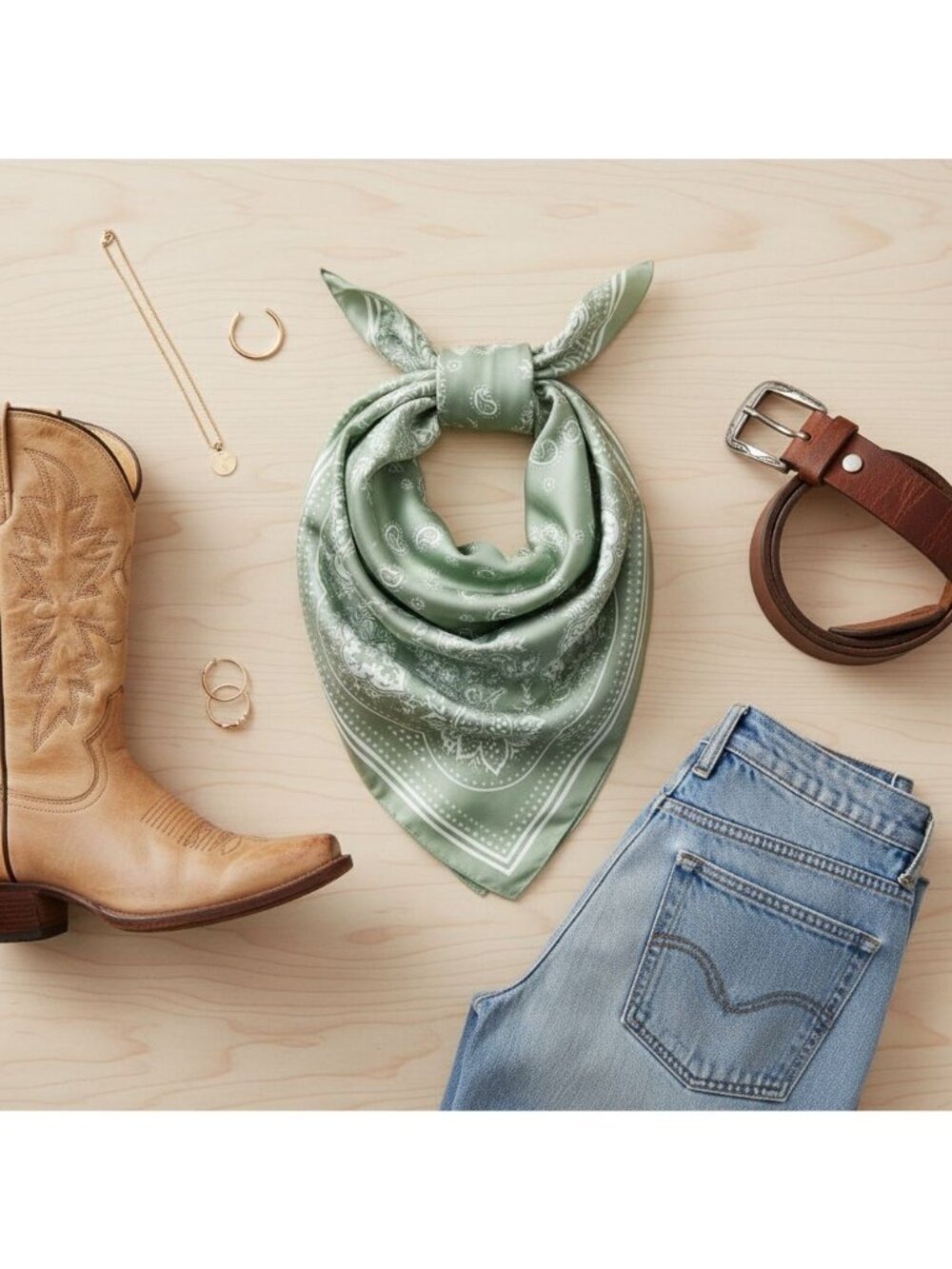 Sage Green Satin Paisley Scarf Bandana 26x26 Western Cowgirl Wild Rag - Picture 7 of 8